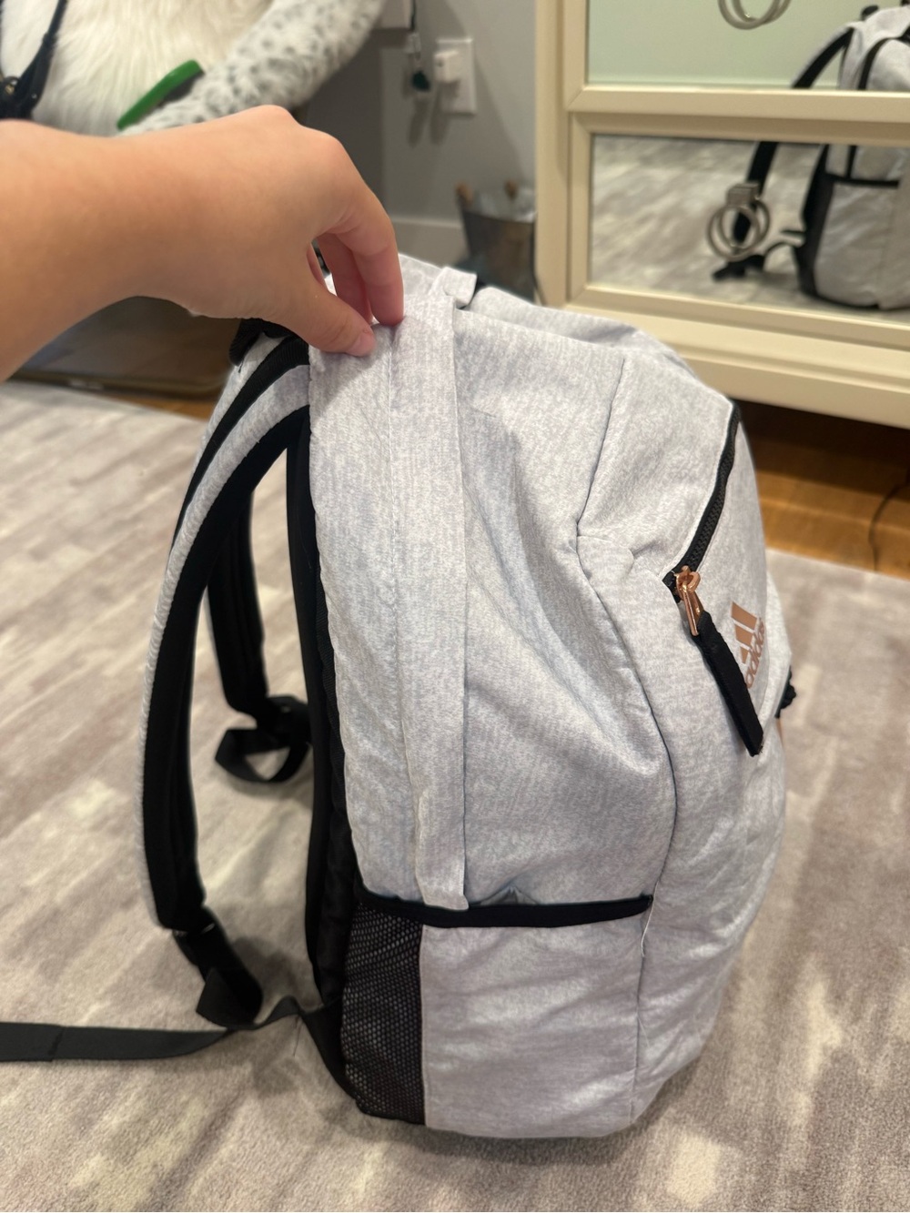 adidas League 3 Stripe Backpack in a heather grey jersey fabric with rose gold
